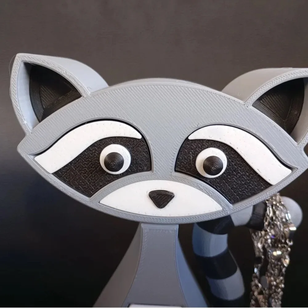 3D Printed Gray & White Raccoon Jewelry Box Holder.